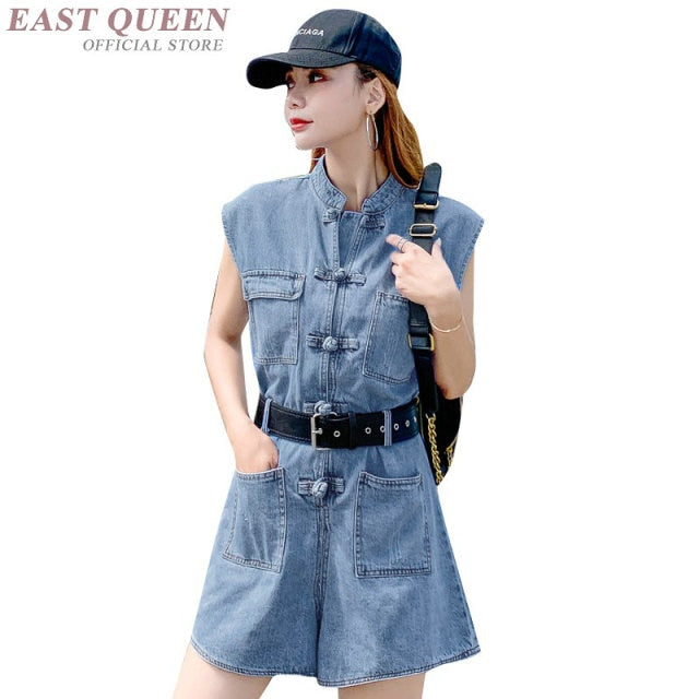 Pocket Buttons Sleeveless Belt Vintage Denim Dungarees