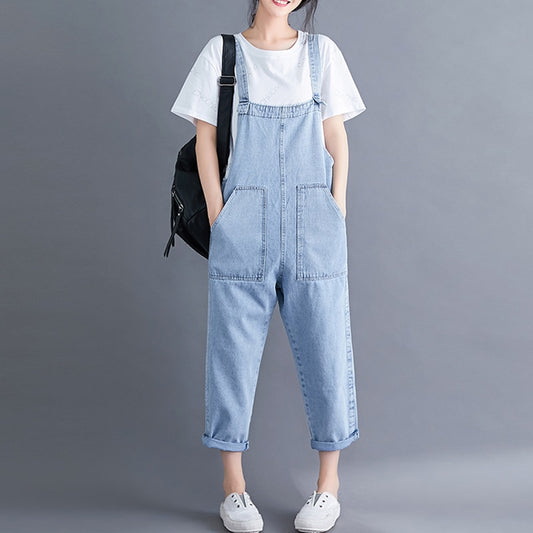 Women Off The Shoulder Big Pockets Jeans Loose Sling Jumpsuits