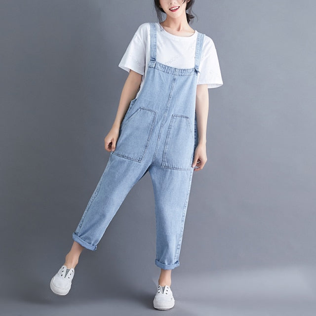 Women Off The Shoulder Big Pockets Jeans Loose Sling Jumpsuits