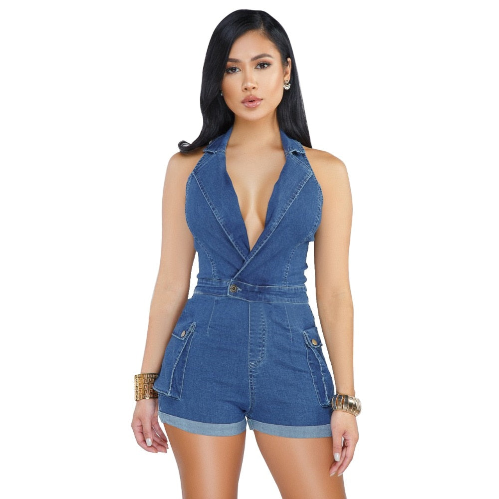 Women Off Shoulder Jeans Ladies Bandage Short Jumpsuit