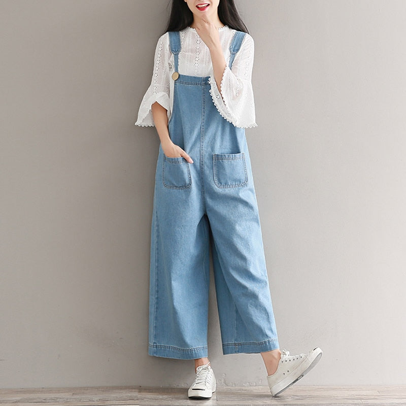 Women  Jeans Ankle-Length Wide Leg Pant Jumpsuit Overalls Large Size