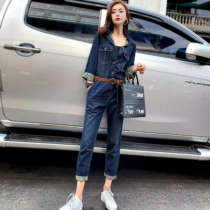 Women Belted Slim Fit Ankle Length Casual Cargo Overalls