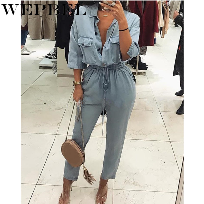 Women Single Breasted Lapel Collar Jeans Rompers