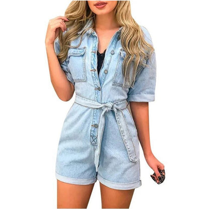 Women Lapel Short Sleeve Pocket Belt Denim Jumpsuit