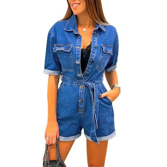 Women Lapel Short Sleeve Pocket Belt Denim Jumpsuit