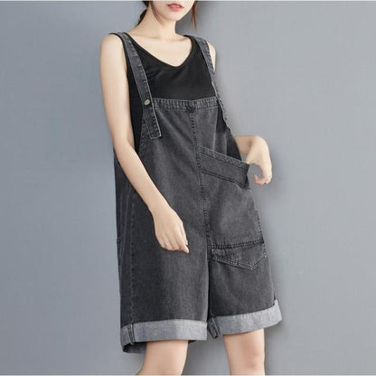 Summer Loose Large Size Personality Pocket Strappy Jeans Jumpsuit