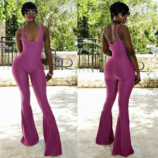 U Neck Sleeveless Backless Long Flare Pants Chic Solid Purple Playsuits Overalls