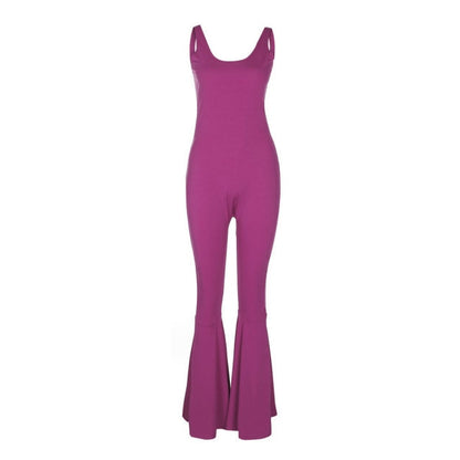 U Neck Sleeveless Backless Long Flare Pants Chic Solid Purple Playsuits Overalls