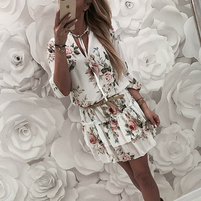 Summer V-Neck Floral Print Beach Dress For Women