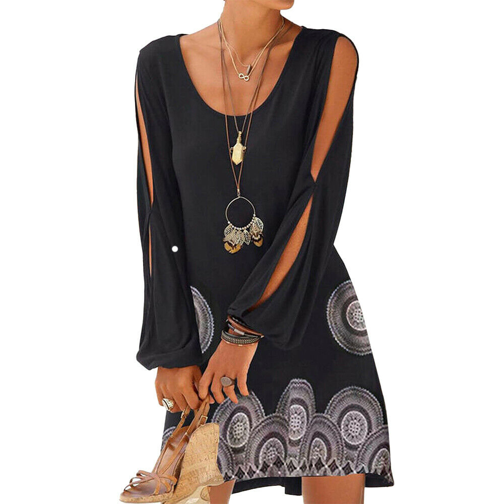 Women's Slit Long Sleeve Floral Mini Dress