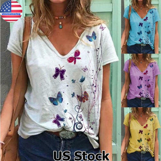 Butterfly Print V-Neck Short Sleeve Tops