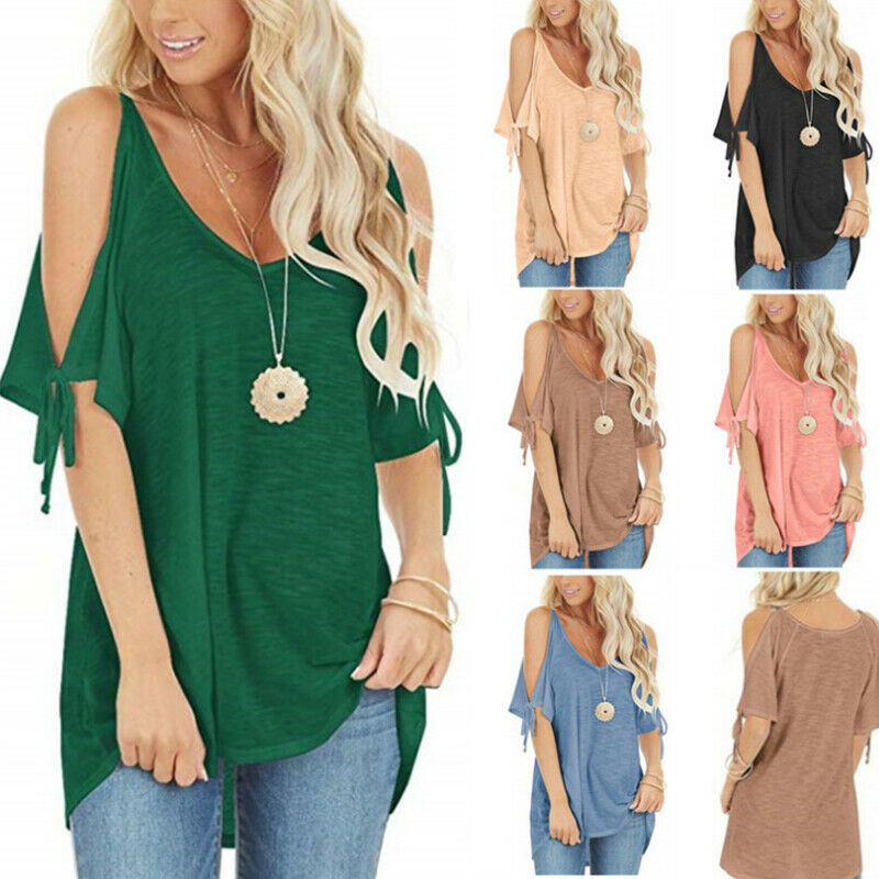 Cold Shoulder Short Sleeve Solid V Neck T Shirt