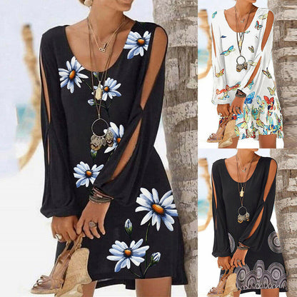 Women's Slit Long Sleeve Floral Mini Dress