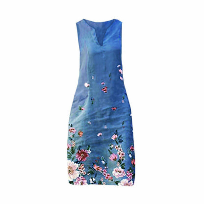 Sleeveless Floral Print Linen Casual Summer Dress