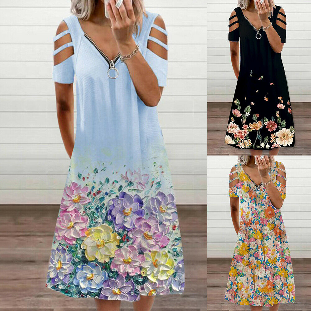 Women's Zipper V Neck Floral Print Dress