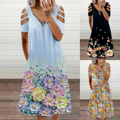 Women's Zipper V Neck Floral Print Dress