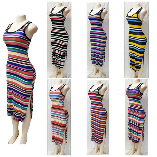 Sleeveless Striped Maxi Boho Bodycon Stretch Dress