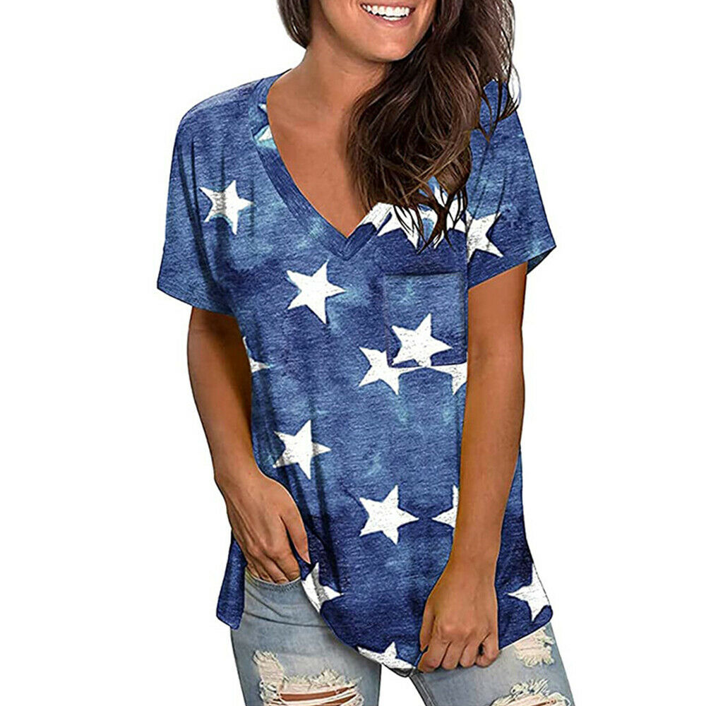 V Neck T-Shirt American Flag Print