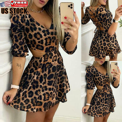 Leopard Print V Neck Mini Dress