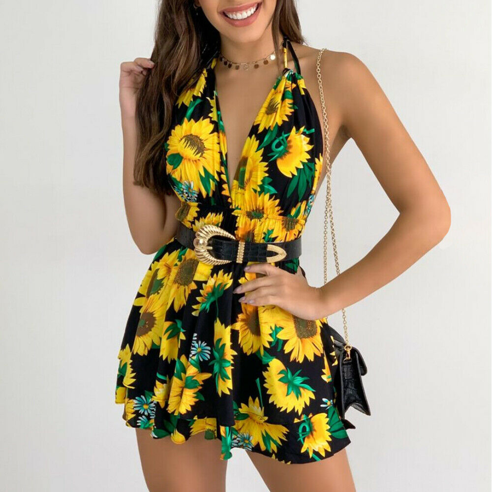 Womens Sleeveless Floral Boho Mini Dress