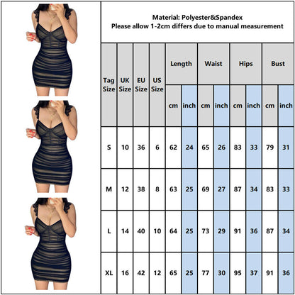 Women's Mesh Sheer Pleated Bodycon Mini Dress