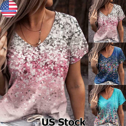 Floral Print V-Neck Short Sleeve T-Shirt