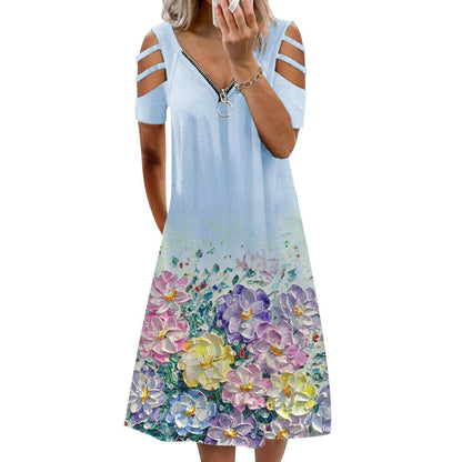 Women's Zipper V Neck Floral Print Dress