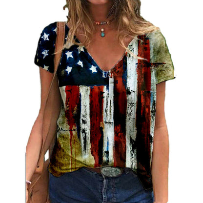 V Neck T-Shirt American Flag Print