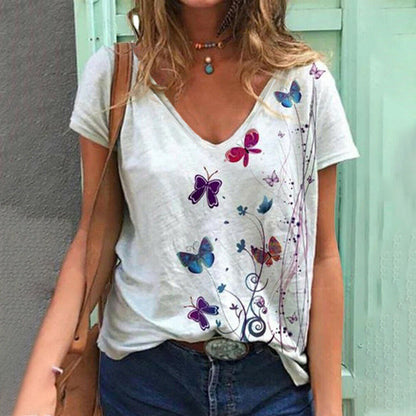 Butterfly Print V-Neck Short Sleeve Tops