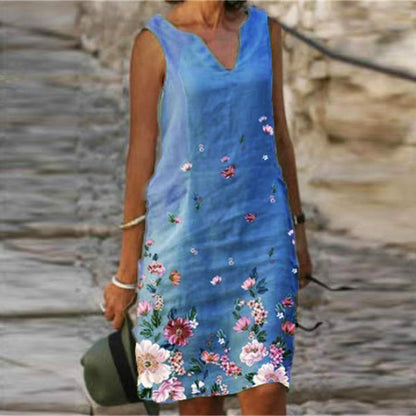 Sleeveless Floral Print Linen Casual Summer Dress