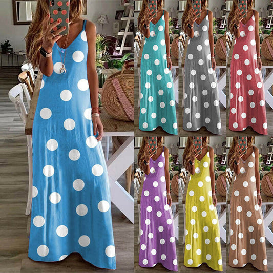 V Neck Dot Printing Casual Slim Loose Long Dress