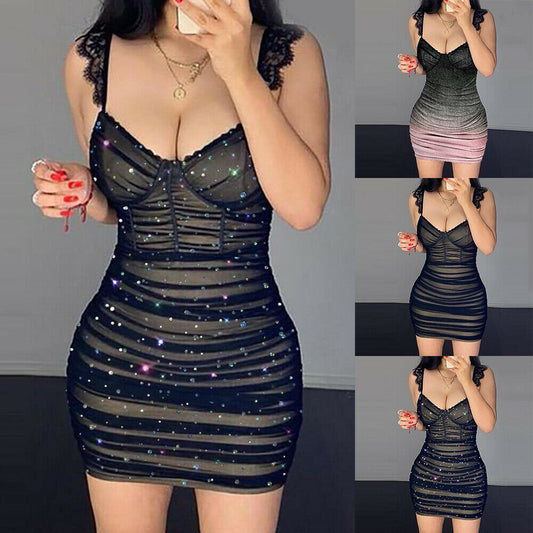 Women's Mesh Sheer Pleated Bodycon Mini Dress