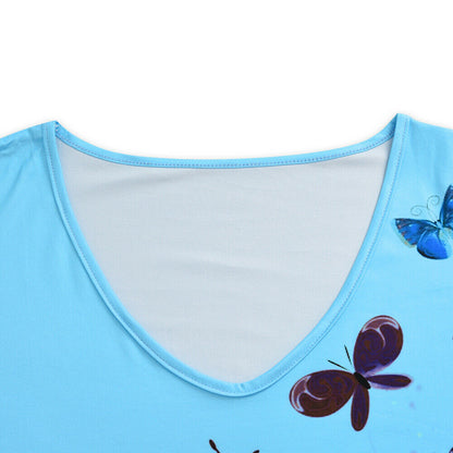 Butterfly Print V-Neck Short Sleeve Tops