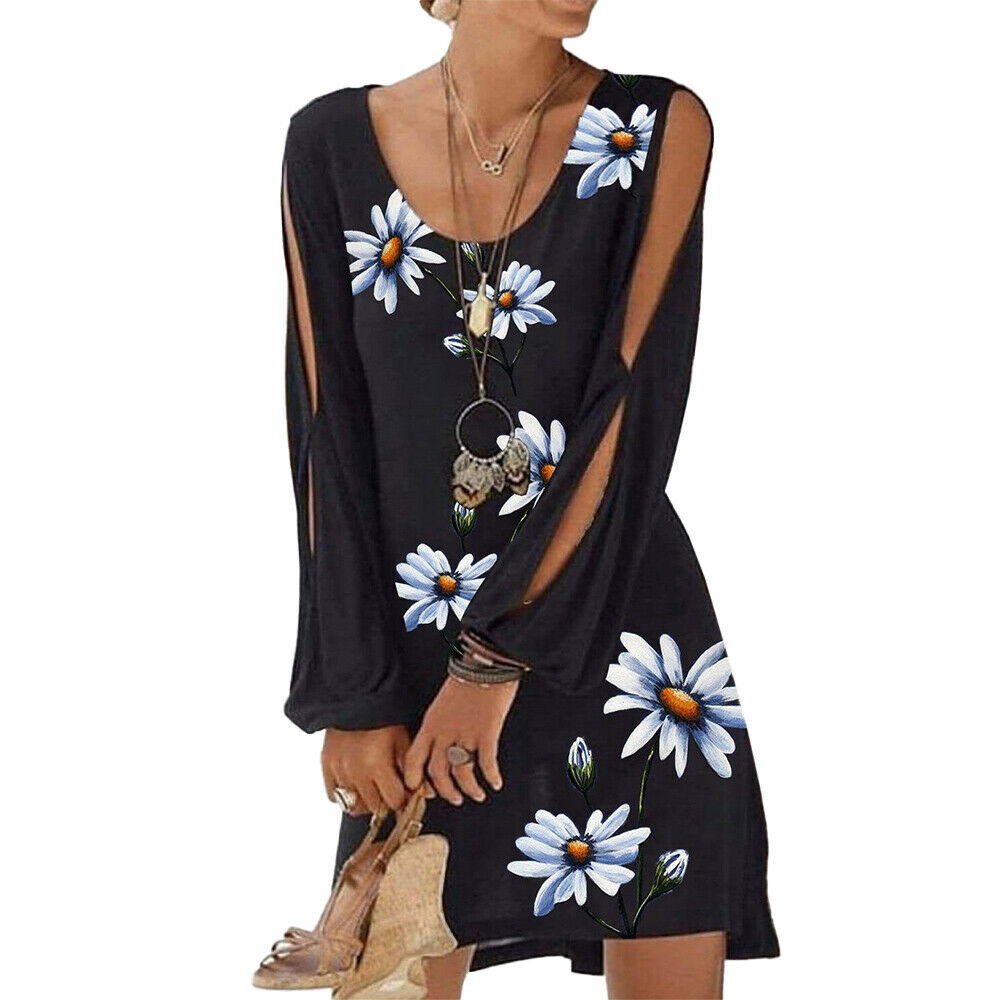 Long Sleeve Round Neck Floral Print Mini Dress