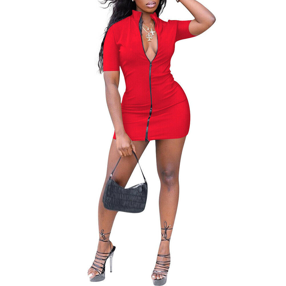 Women's V Neck Zipper Bodycon Cocktail Dress