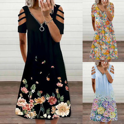 Women's Zipper V Neck Floral Print Dress