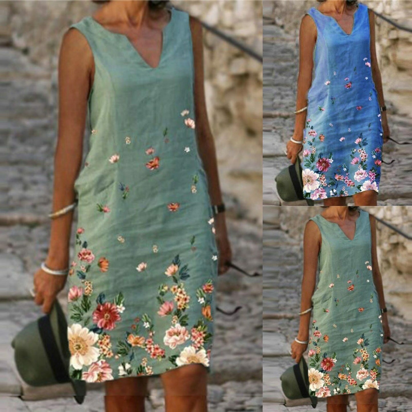 Sleeveless Floral Print Linen Casual Summer Dress