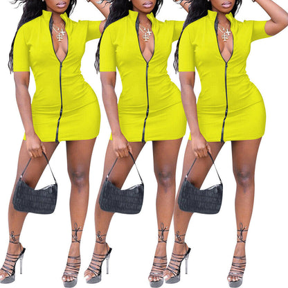 Women's V Neck Zipper Bodycon Cocktail Dress