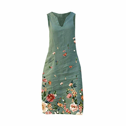 Sleeveless Floral Print Linen Casual Summer Dress