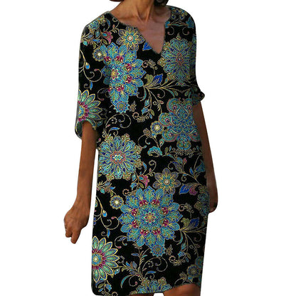 Women Boho Floral Casual Baggy Tunic Dress