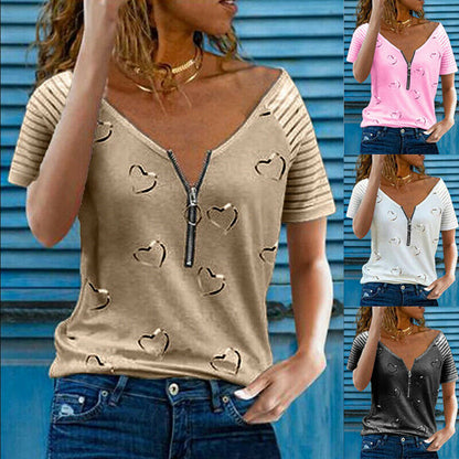 Zipper V Neck Short Sleeve T Shirt