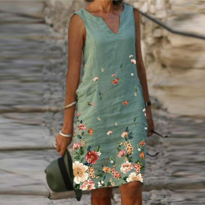 Sleeveless Floral Print Linen Casual Summer Dress