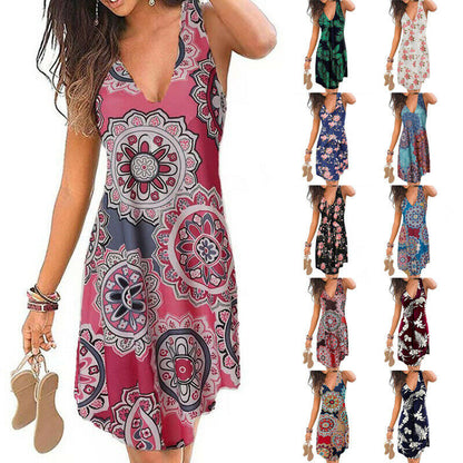 V Neck Sleeveless Floral Print Wrap Dress