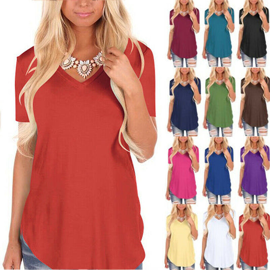 Short Sleeve V Neck Solid Blouse