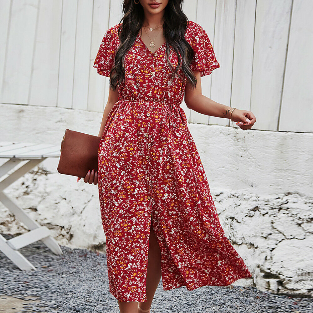 Casual Short Sleeve Split Maxi Dress