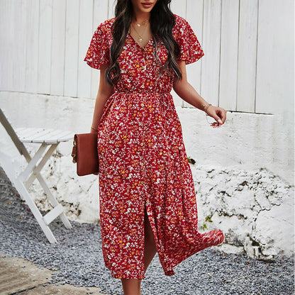 Casual Short Sleeve Split Maxi Dress