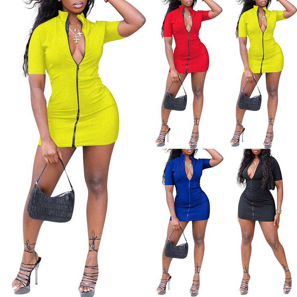 Women's V Neck Zipper Bodycon Cocktail Dress