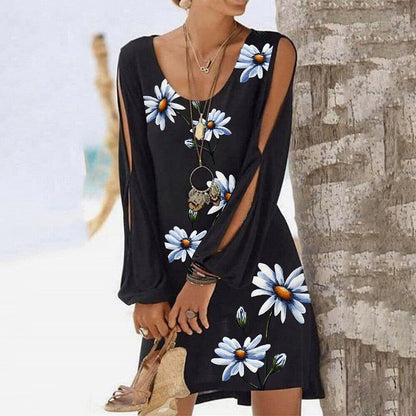 Long Sleeve Round Neck Floral Print Mini Dress