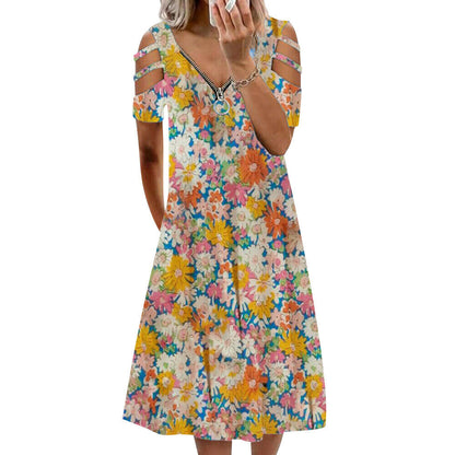 Women's Zipper V Neck Floral Print Dress