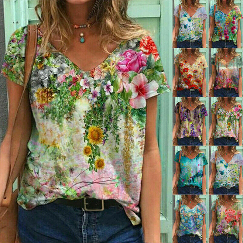 Short Sleeve V Neck Blouse Loose Top